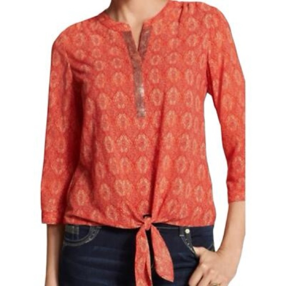 Chico's Desert Beauty Bianca Top 3/4 Sleeve Tie Front Blouse EUC Size 1 - Medium